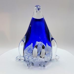 Blue and White Penguin Paperweight w/Two Internal Penguins
